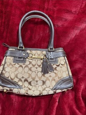 Vintage Coach Tan & Brown Signature Canvas Bag w/ Leather Trim